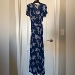 Lulu's Navy and White Floral Wrap Maxi Dress